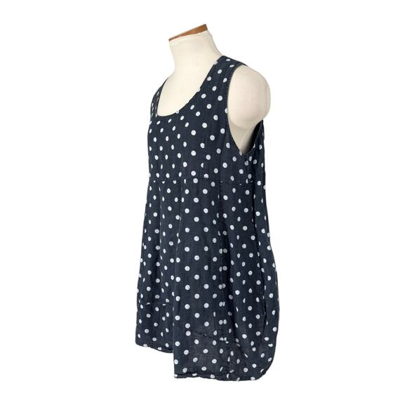 Luca Vanucci 100% Linen Lantern Mini Dress Navy Polka Dot Large Beachy Coastal - Picture 2 of 9